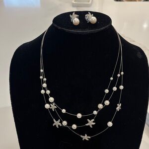 SET Pearl Starfish Necklace & Earrings Jewelry Set